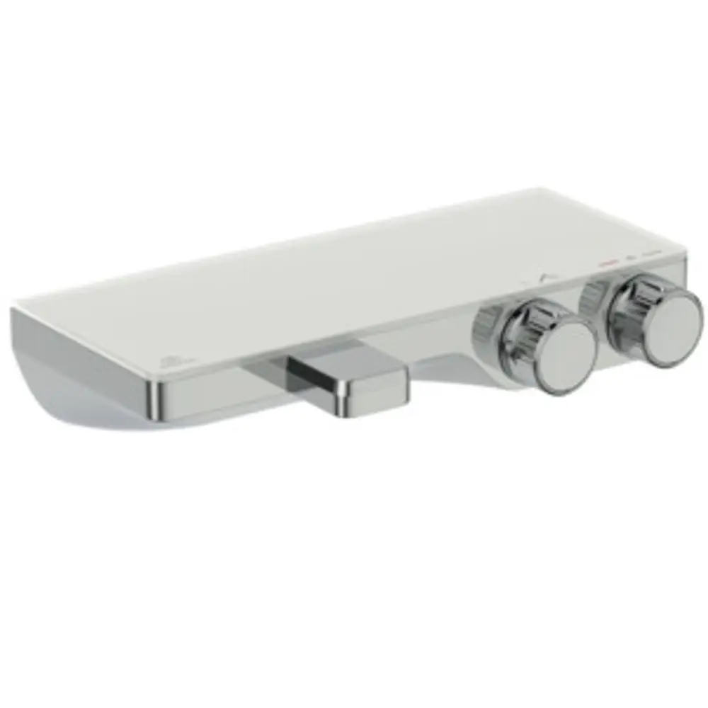 Chromfarbener Badethermostat von Ideal Standard mit zwei Regelknöpfen und flacher Ablagefläche. Anordnung der Bedienelemente klar ersichtlich.